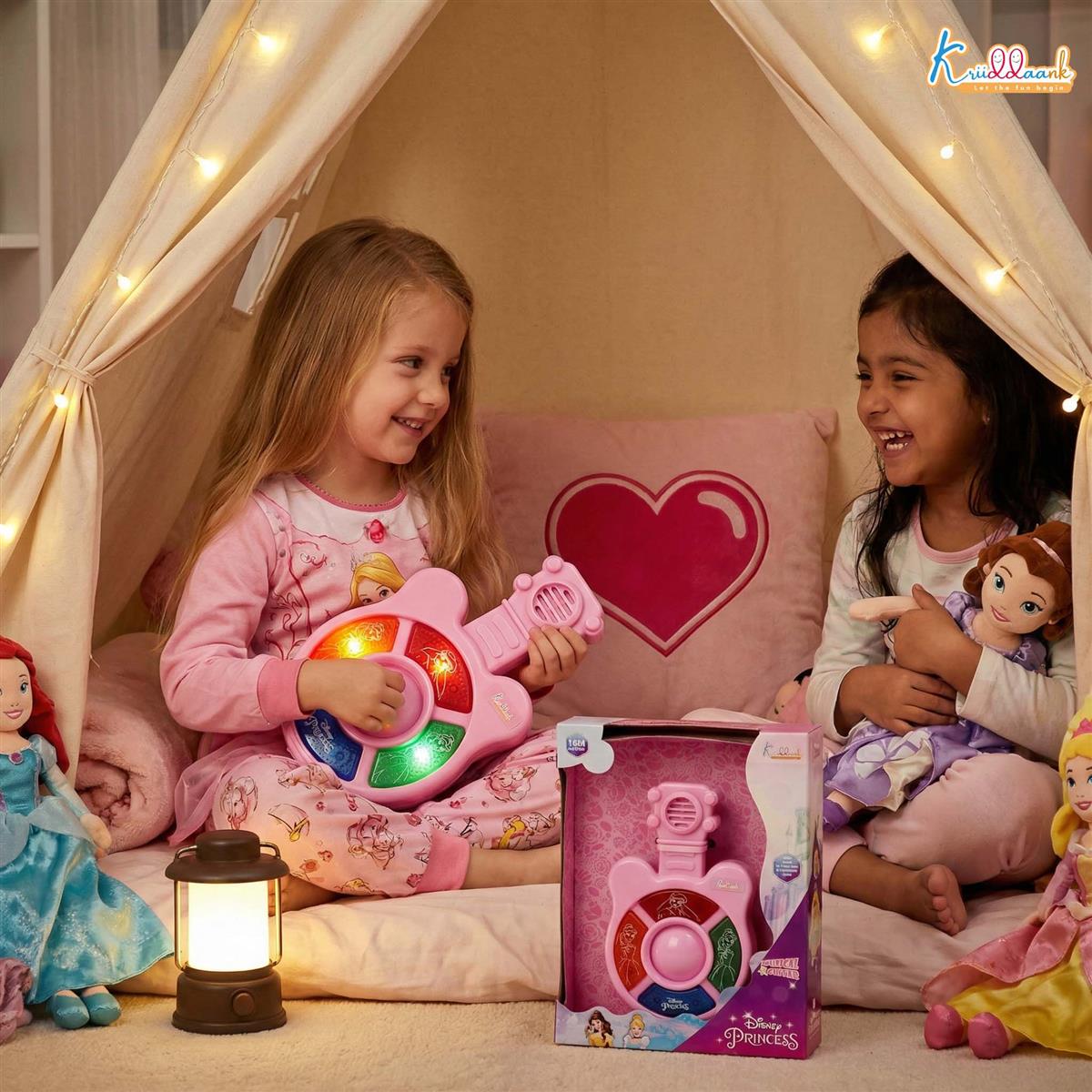 Disney Princess Mini Music Guitar for Kids - Portable Musical Instrument with 4 Buttons, Effective Sounds & Lights - Battery Operated Educational Toy for Toddlers & Girls 3+ Years Old - Pink