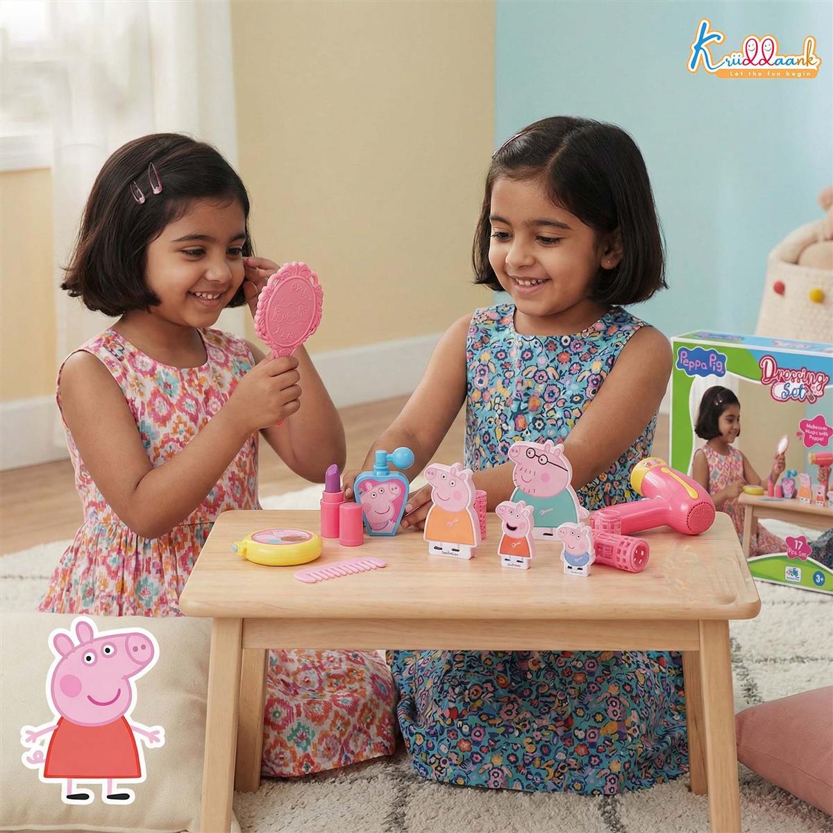 Kriiddaank Peppa Pig Dressing Table Set - 17 Pcs Beauty & Makeup Playset with 2D Family Figures (Peppa, George, Mummy & Daddy Pig) - Preschool Toy for Kids Ages 3+ - Multicolor