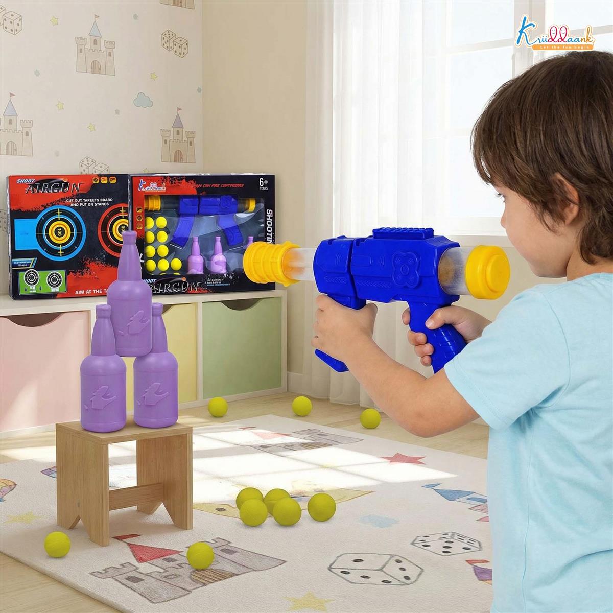 Kriiddank Foam Dart Gun Soft Ball Air-Powered Blaster Toy for Kids - Shooting Game with Target Boards & 16 Pieces - Safe Foam Ball Shooter for Boys & Girls 3+ Years (Yellow)