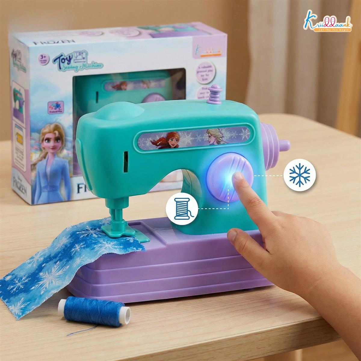 Kriiddaank Frozen Theme Mini Sewing Machine Toy for Kids - Battery Operated Pretend Play Home Appliance with Interactive Buttons, Educational Role Play Toy for Girls Ages 3+, Turkish Blue