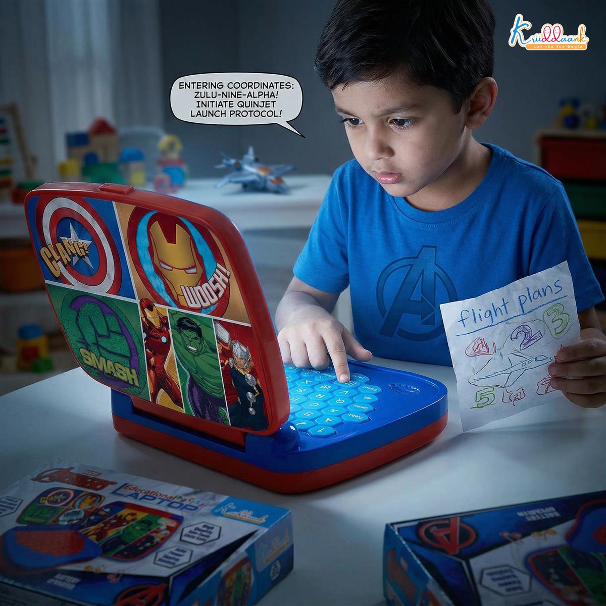 Avengers Theme Educational Laptop Without Screen for Kids | Interactive Music, Alphabet & Number Learning Toy for 3+ Year Olds | Screen-Free, Safe & Durable Early Learning Toy (Red)