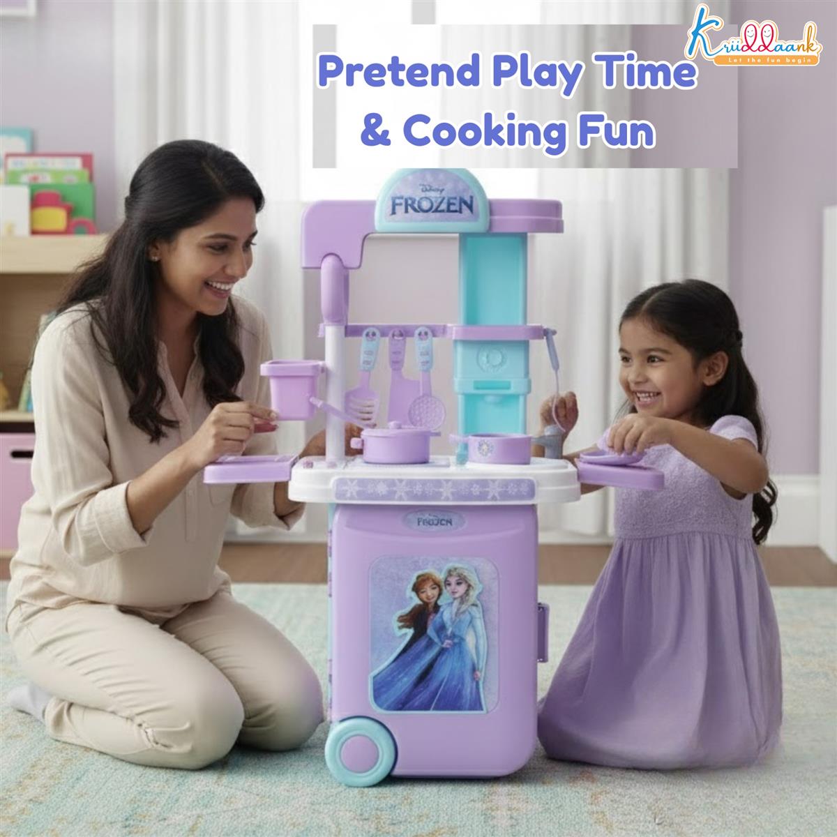 Kriiddaank Frozen Theme Kitchen Set for Girls - Elsa & Anna Inspired Portable 2-in-1 Playset with Trolley Bag, Lights, Music & 20 Accessories - Pretend Play Cooking & Baking Toy for Kids 3+ Years