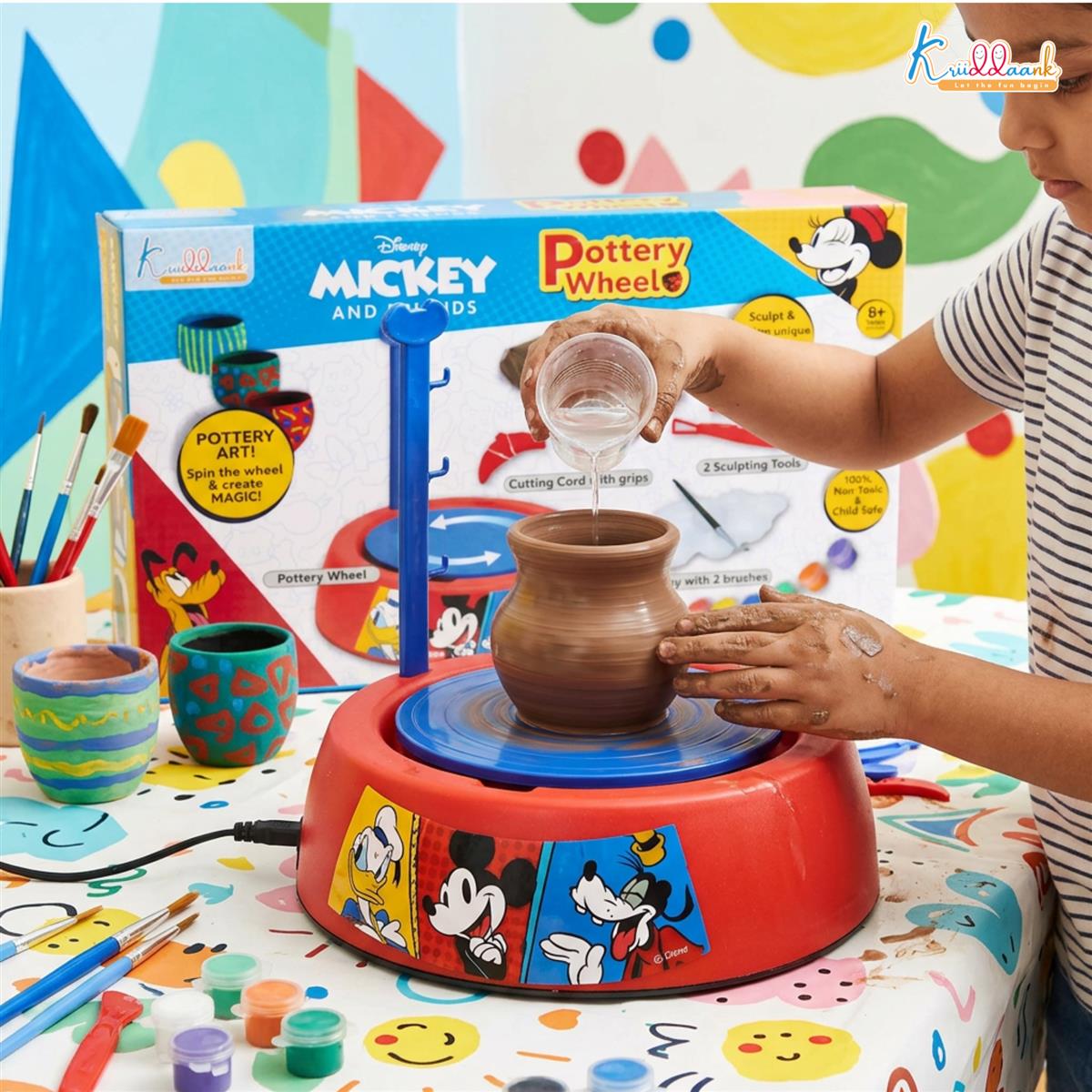 Disney Mickey Mouse Pottery Wheel Modeling Set - Complete Arts & Crafts Clay Sculpting Kit with 800g Clay, Paints & Tools - Educational DIY Gift for Boys & Girls 8+ Years - Battery Operated