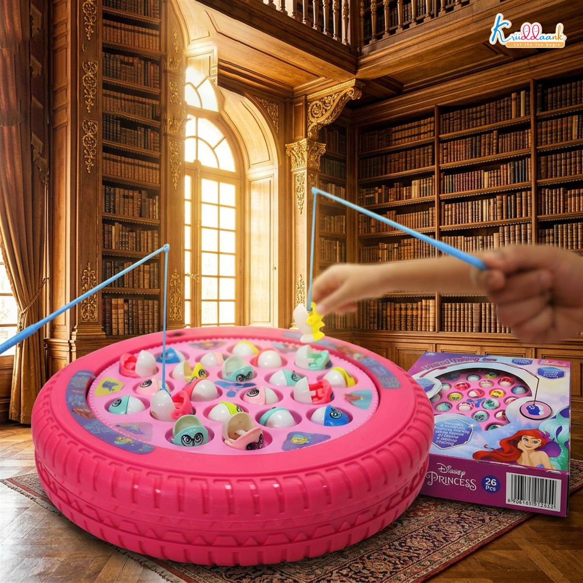 Princess Musical Fishing Game - Rotating Underwater Adventure Board with Music & 21 Fishes | 4 Fishing Poles | Pink Battery-Operated Educational Toy for Kids Aged 3+ Years