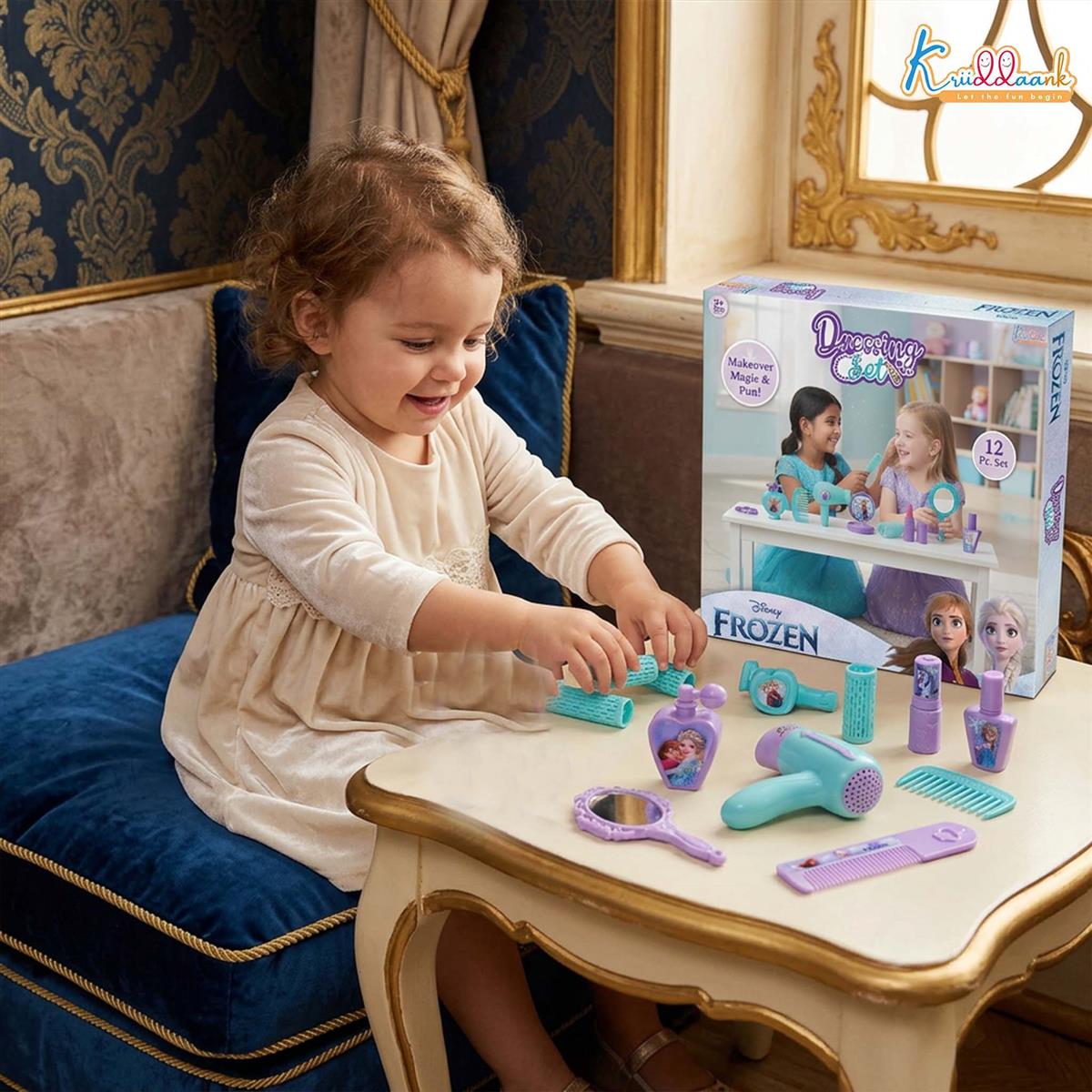 Kriiddaank Frozen Dressing Set for Kids - Non-Electronic Princess Makeup & Beauty Accessories Play Set, Styling Kit for Girls, Pretend Role Play Toy for Age 3+ Years, 11+ Pieces, Turkish Blue