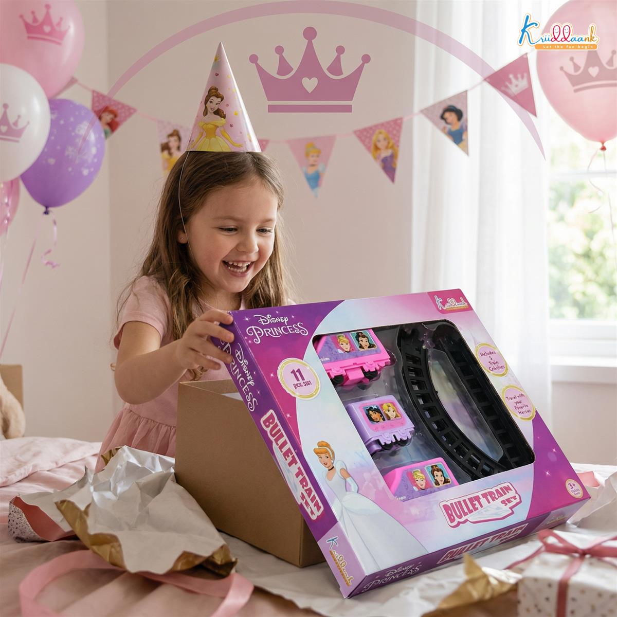 Kriiddaank Disney Princess Train Set for Girls (11-Piece) - Interactive Fairytale Playset with Sound Effects, Battery-Operated Motorized Tracks & 3 Coaches - Educational Gift for Kids Ages 3+