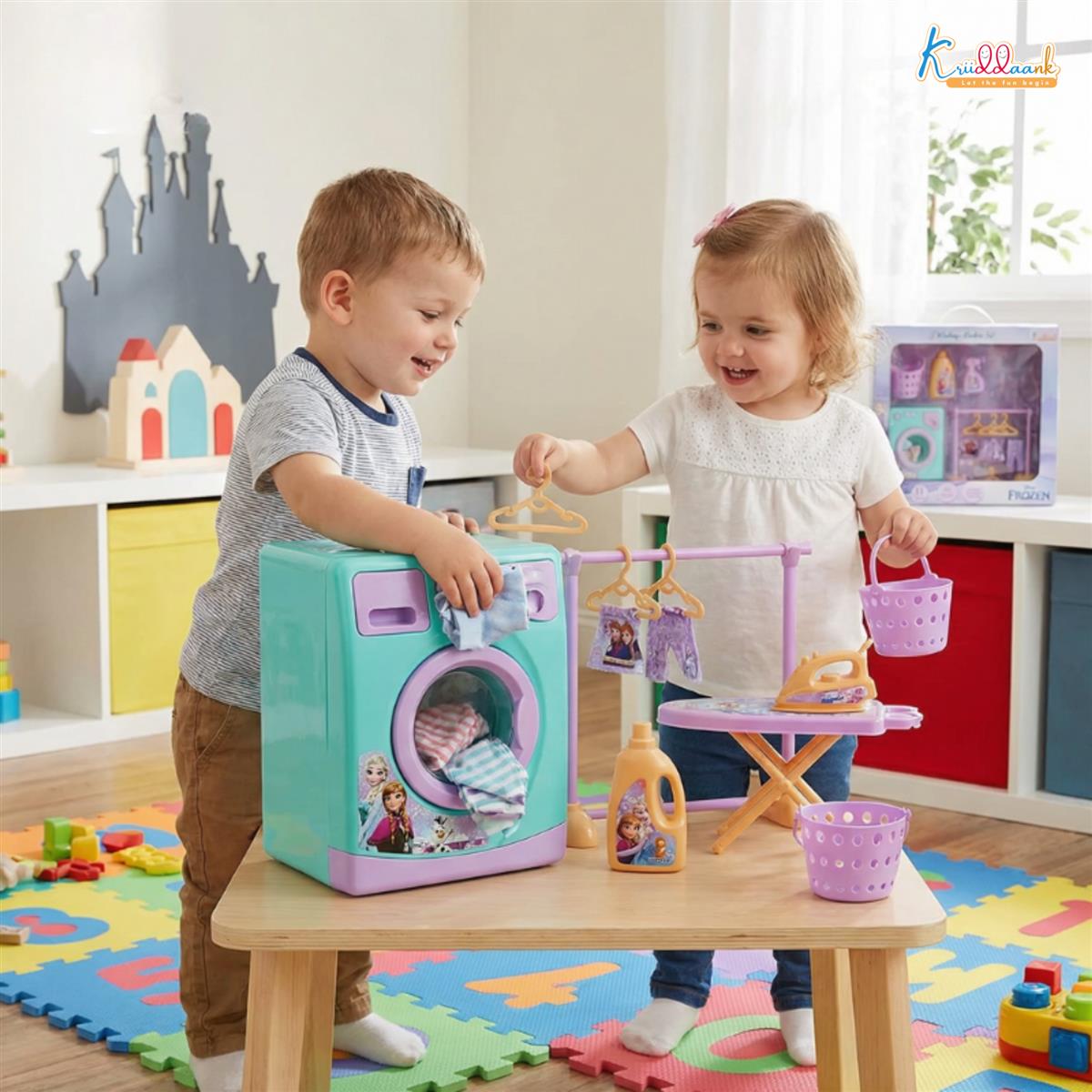 Kriiddaank Frozen Theme Washing Machine Toy Set for Kids - 11-Piece Interactive Disney Magic Home Appliances Pretend Play for Toddlers - Music & Educational Role Play Laundry Set - Ages 3+