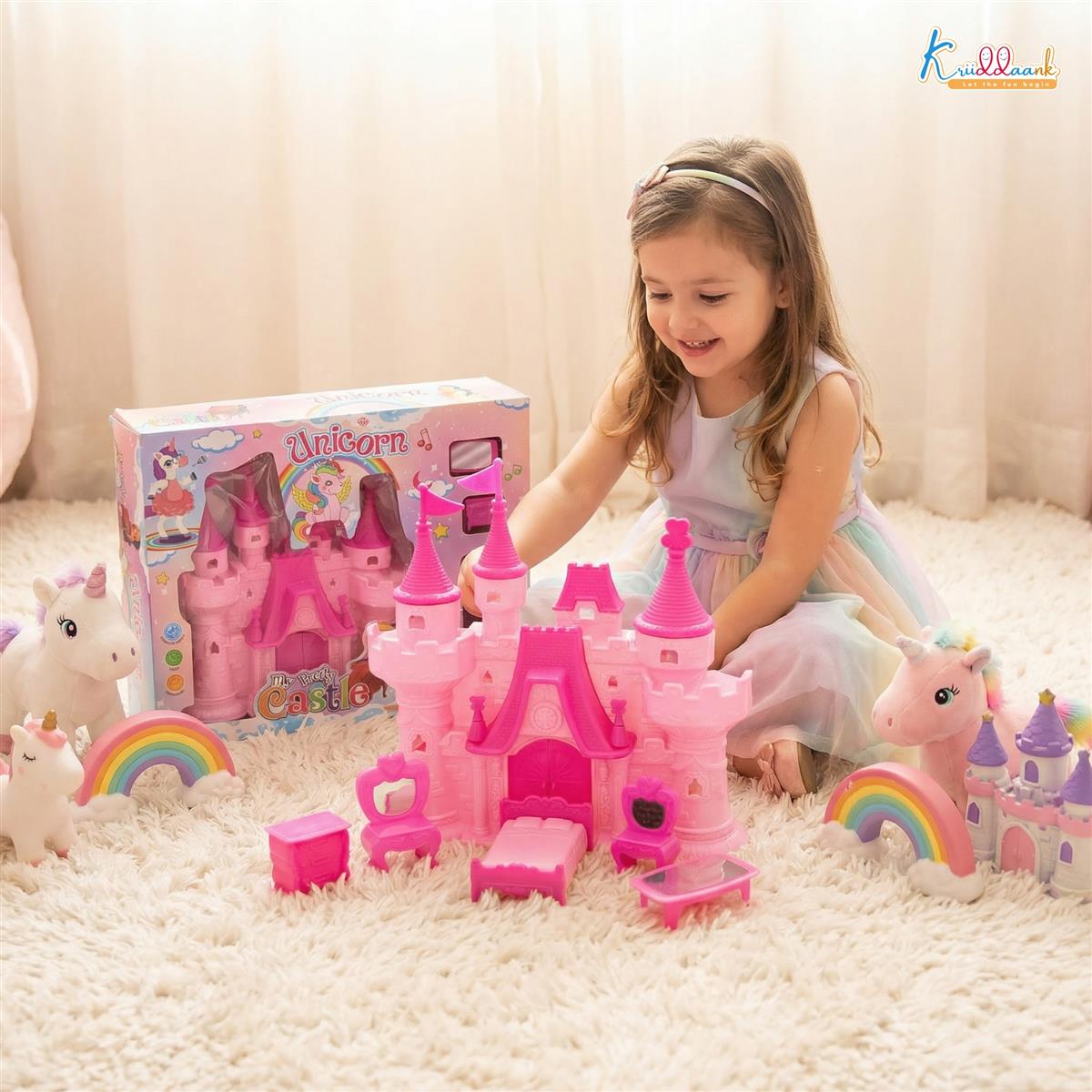 Portable Royal Castle Playset Unicorn Theme for Girls with Dollhouse Furniture, Mini Princess House Toy with Accessories, Educational Gift for Kids 3+ Years Old, Travel-Friendly & Safe