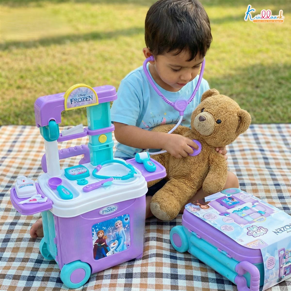 Kriiddaank Frozen Theme Doctor Set for Kids - Elsa & Anna Portable Medical Trolley Playset with Lights - Educational First Aid Kit Toy for Girls 3+ Years - Perfect Birthday Gift, Turkish Blue