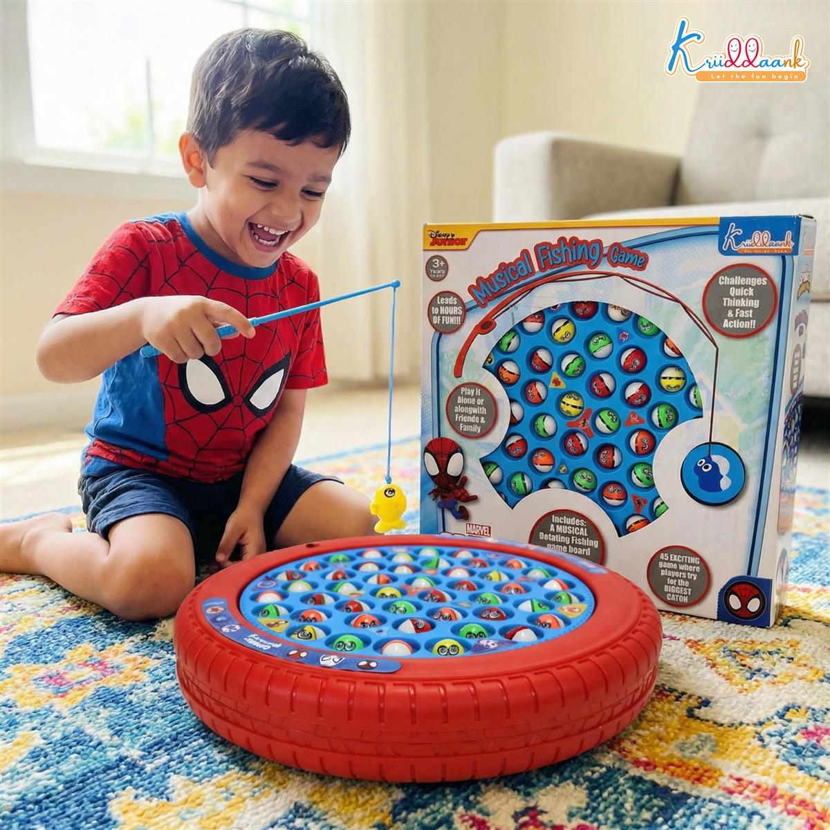Kriiddaank Spiderman Theme Musical Rotating Fishing Game for Kids - Battery Operated Learning Toy with 45 Fishes & 4 Fishing Poles - Fun Interactive Educational Game for Boys & Girls, Age 3+