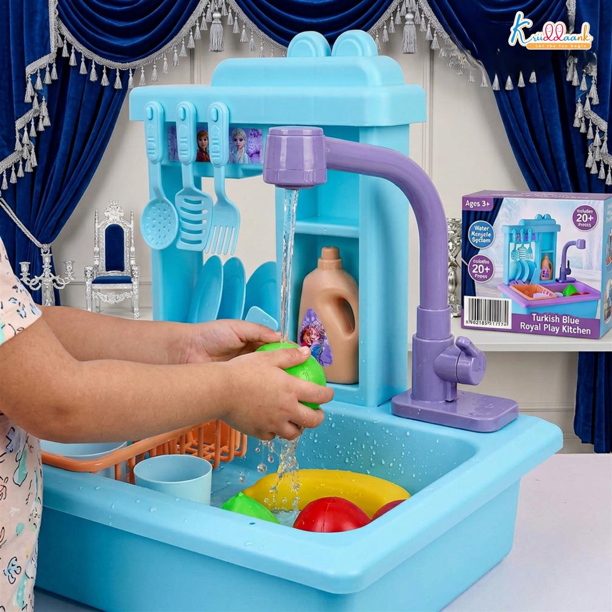 Kriiddaank Frozen Theme Kitchen Toy Set for Girls - Realistic Sink with Running Water, Electric Faucet, 22 Pcs Utensils & Accessories, Pretend Play Cooking & Baking Set for Kids Age 3+ (Turkish Blue)