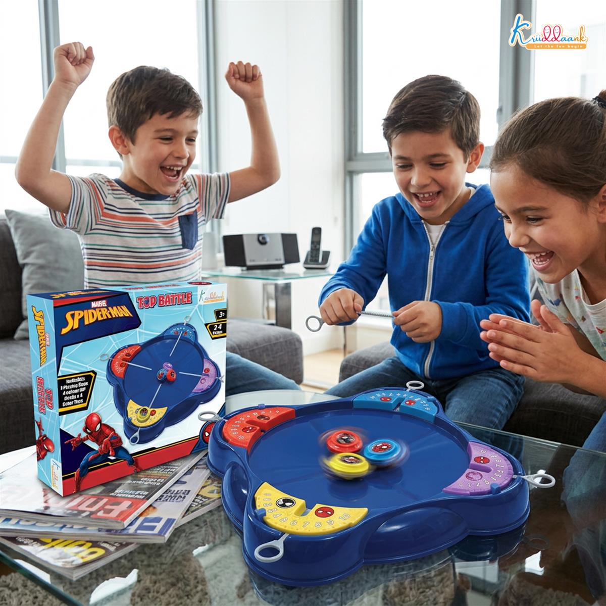 Kriiddaank Spiderman-Inspired Spinning Top Set - 5-Piece Battling Toy for Kids 5+, Includes Arena Base, 4 Rip Cords & 4 Color Tops, Action-Packed Multiplayer Fun for Boys & Girls