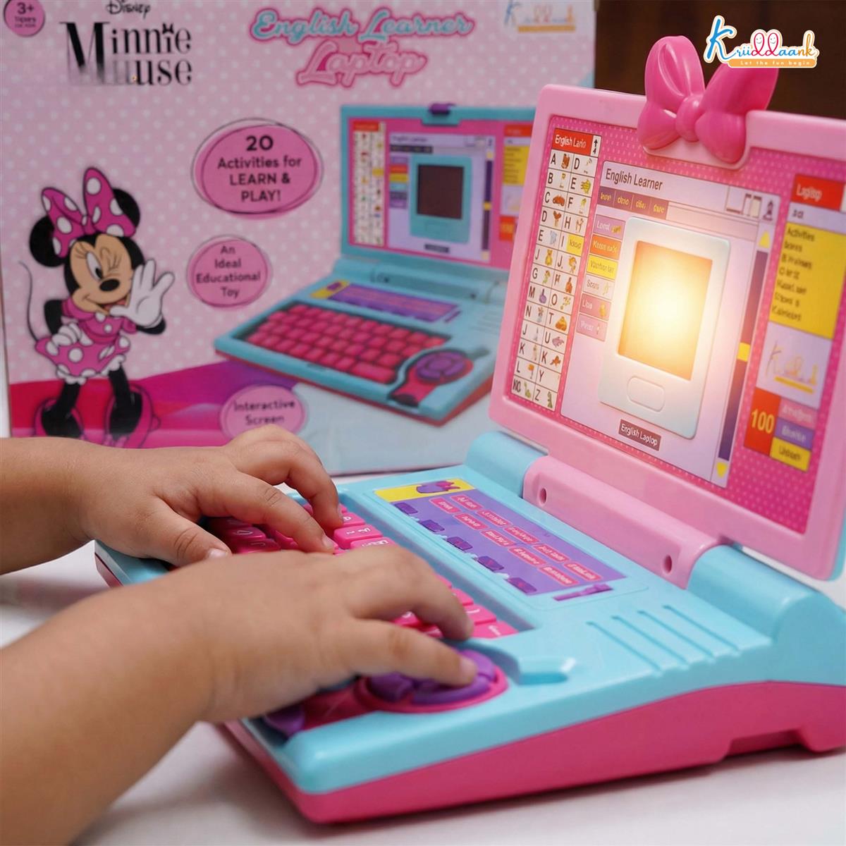 Krriiddaank Minnie Theme Educational Laptop for Kids - 20 Learning Activities for 3+ Years Girls, Interactive Toy for Alphabet, Numbers, Math, Music & Logic - Pink (ISI Certified)