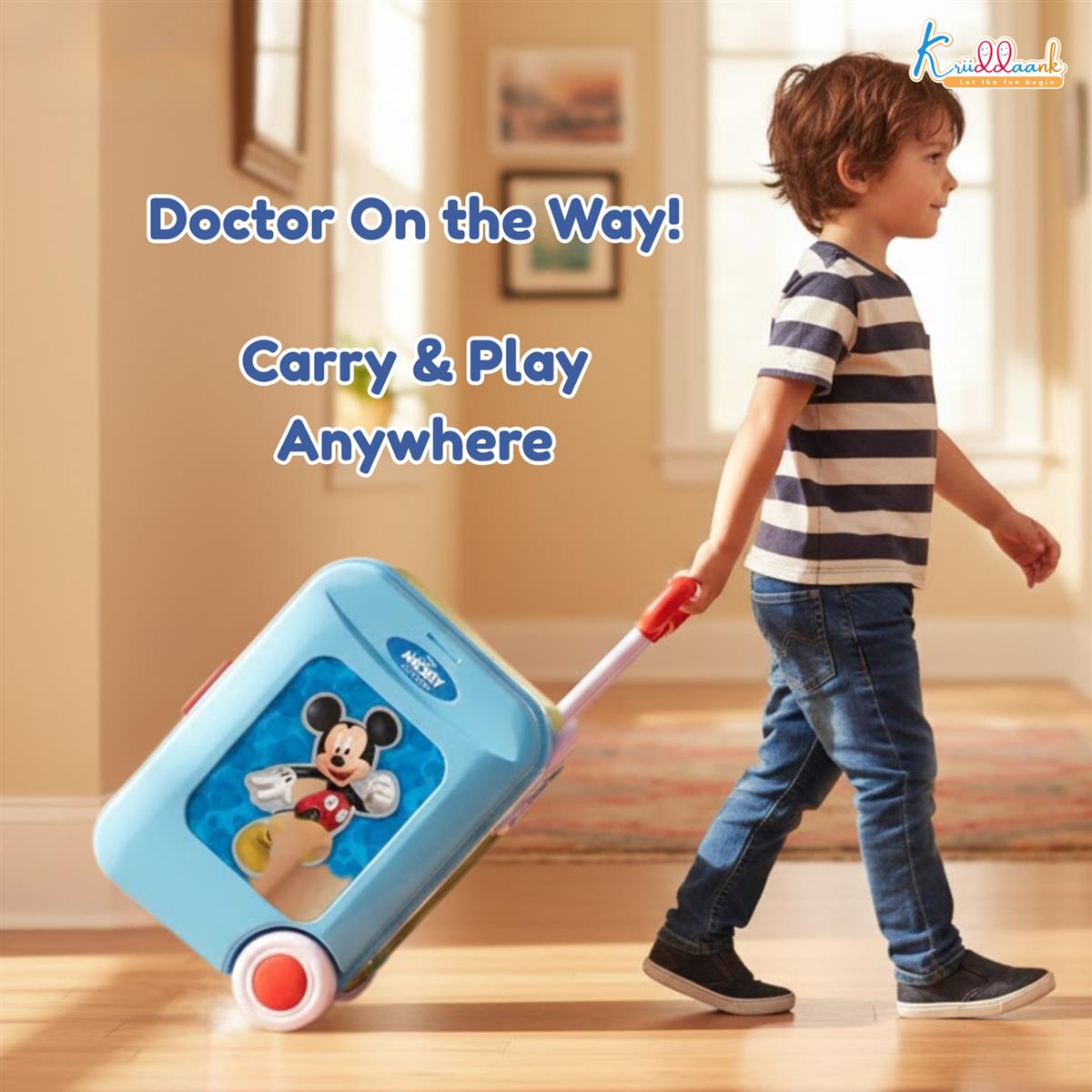 Kriiddaank Mickey Disney Doctor Set for Kids - 9 Pcs Medical Kit Trolley Toy with Lights, Educational Pretend Play for Boys & Girls Age 3+, Portable Role Play Doctor Kit Gift (Red)