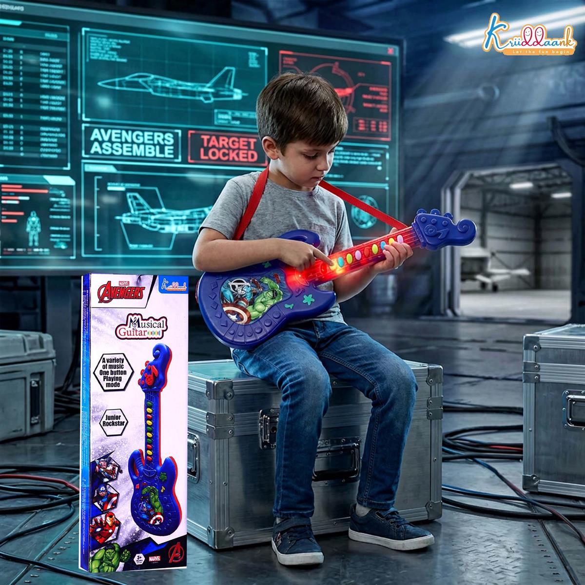 Marvel Avengers Theme Musical Guitar for Kids - Superhero Electric Toy with Lights & Sound, Battery Operated Junior Rockstar Guitar, Red Musical Instrument for Boys & Girls Age 3+ Years