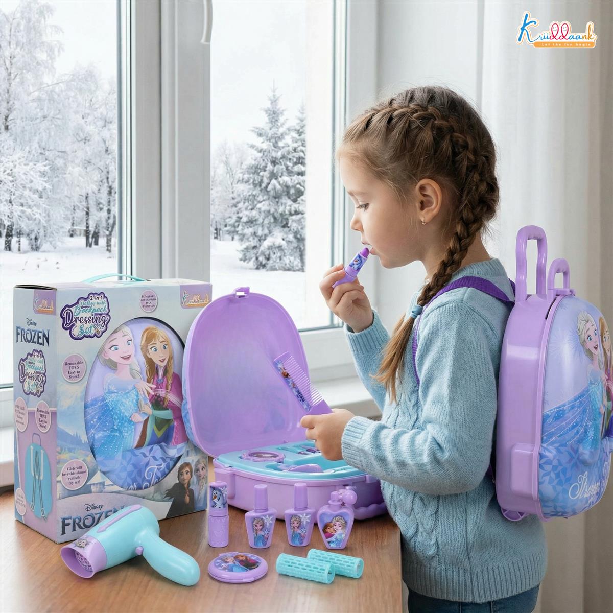 Frozen 2-in-1 Backpack & Trolley Dressing Gift Set for Kids - 13 Pcs Pretend Play Makeup Kit with Electronic Dryer, Portable Beauty Vanity Suitcase for Girls Aged 3+ Years (Turkish Blue)