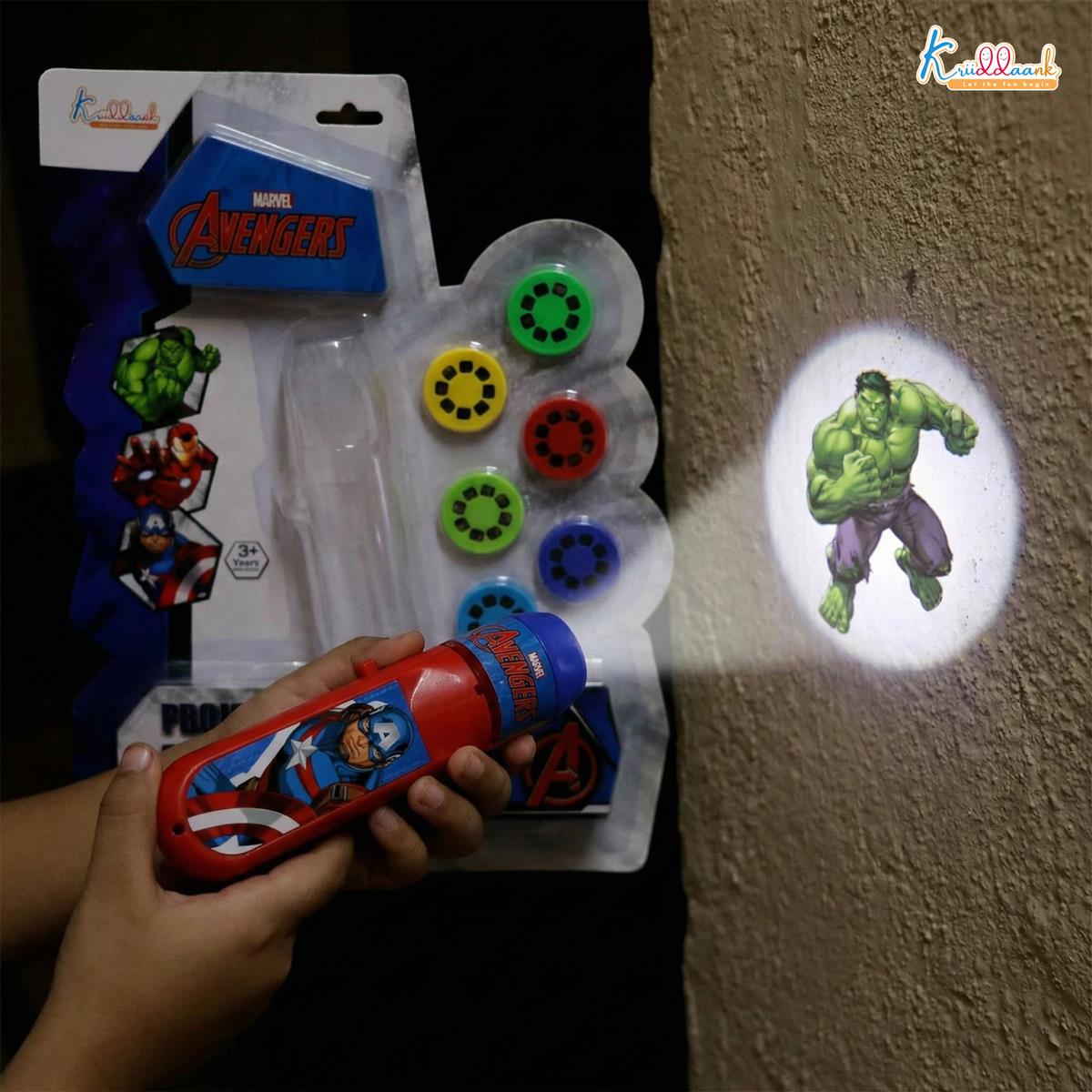 Marvel Avengers Projector Torch - Handheld Battery Operated LED Flashlight for Kids, Includes 3 Character Slides with 24 Patterns, Creative Drawing & Tracing Set with Stencils and Markers, Red