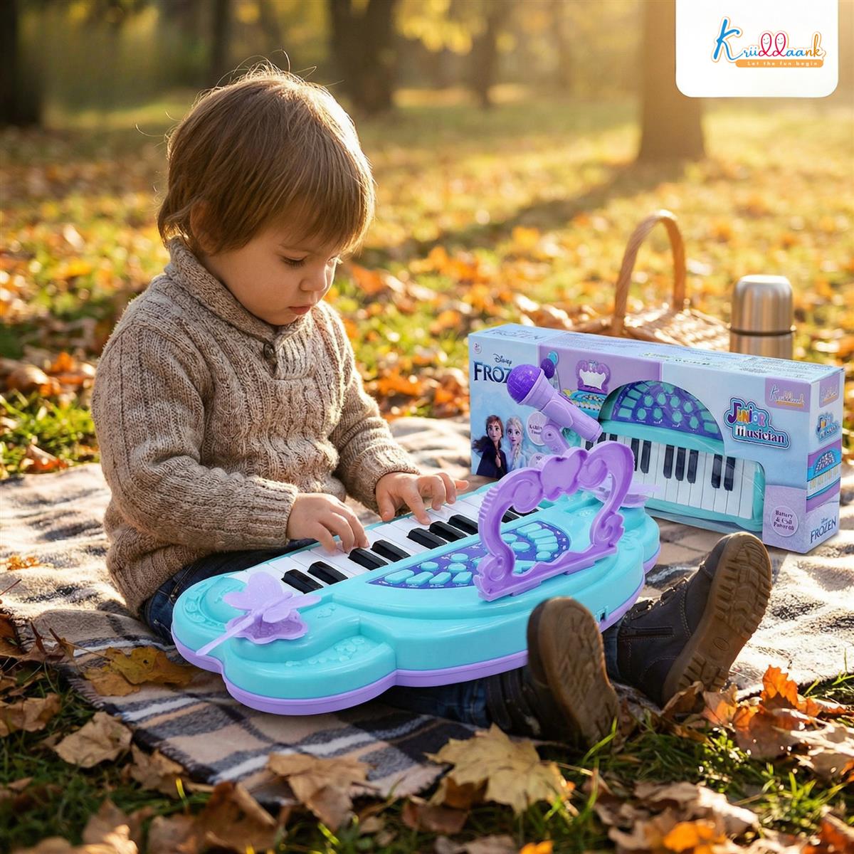 Frozen Junior Musician Elsa-Anna Music Set - Kids Piano with Microphone, Karaoke Function, 25 Songs & 5 Percussion Instruments, Dual Power (USB/Battery), Educational Toy for Girls Ages 3+, Blue