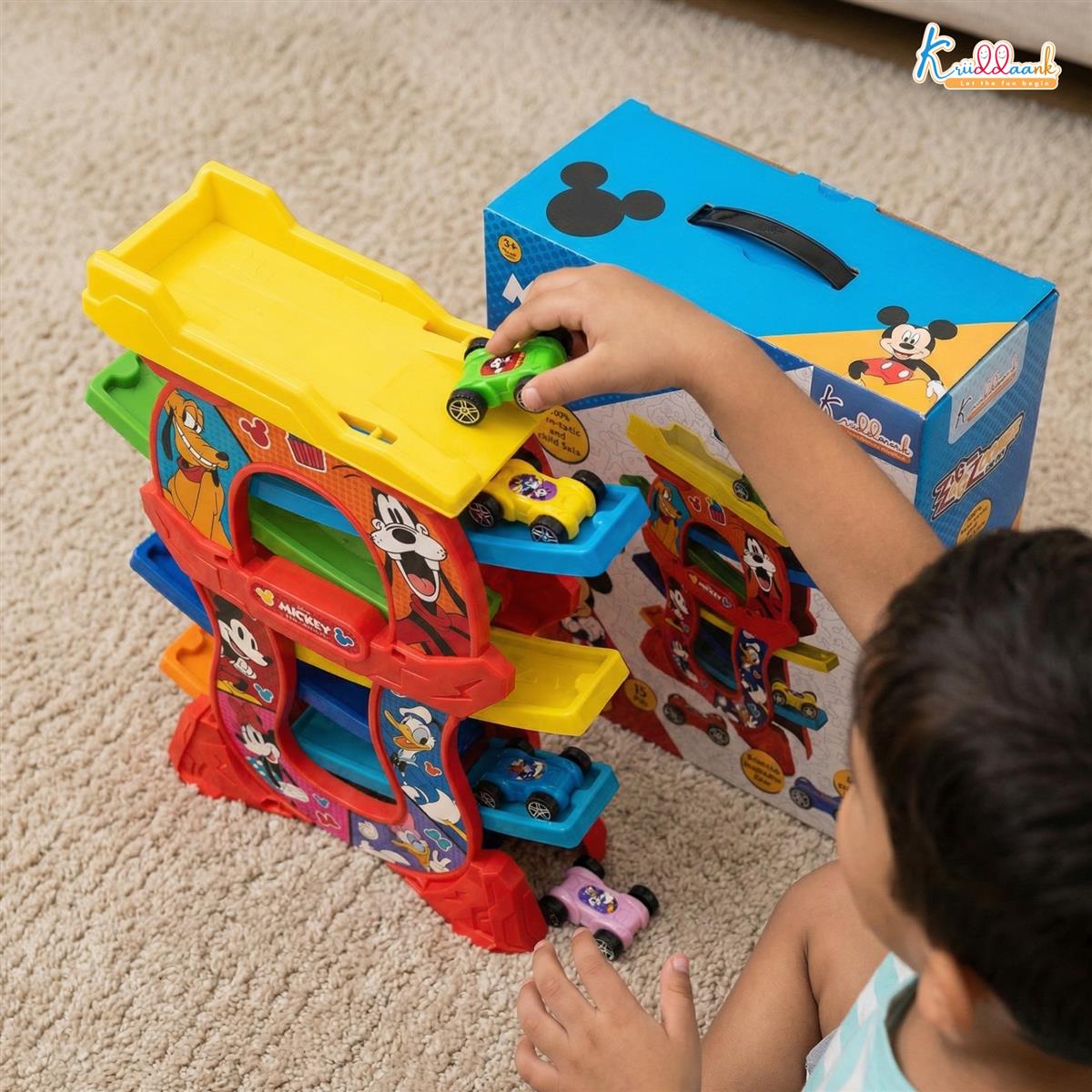 Mickey Zig Zag Zoomer Ramp Racer Car Track for Toddlers | 6-Level Lever Race Set with 4 Mini Vehicles | 15 Piece Educational Toy for Kids 3+ | Non-Toxic Mickey Mouse Themed Play Set