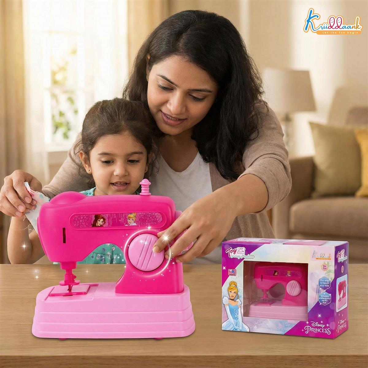 Kriiddaank Disney Princess Theme Sewing Machine Toy for Kids, Battery Operated Educational Pretend Play Household Toy with Interactive Buttons, Pink, Age 3+ Years