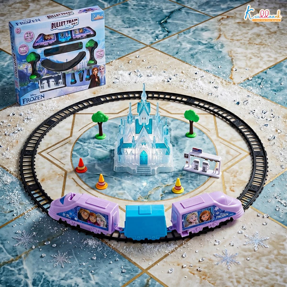 Kriiddaank Frozen Theme Train Set - Disney Elsa & Anna Battery Operated Toy Playset for Girls, 21 Pieces Easy-to-Assemble Tracks with Sound Effects, Educational Gift for Kids 3+ Years, Turkish Blue