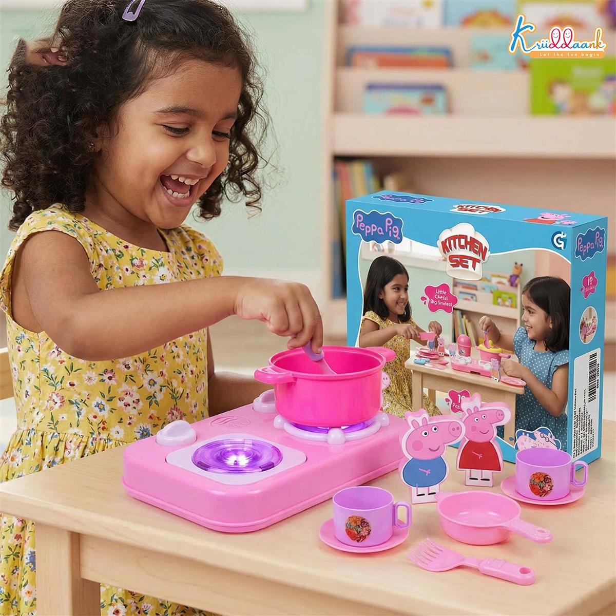 Kriiddaank Peppa Pig Inspired Kitchen Set with 2D Family Figures - 19 Pcs Pretend Play Toy for Kids Ages 3+ | Includes Peppa, George, Mummy & Daddy Pig | Battery Operated Lights, Multicolor