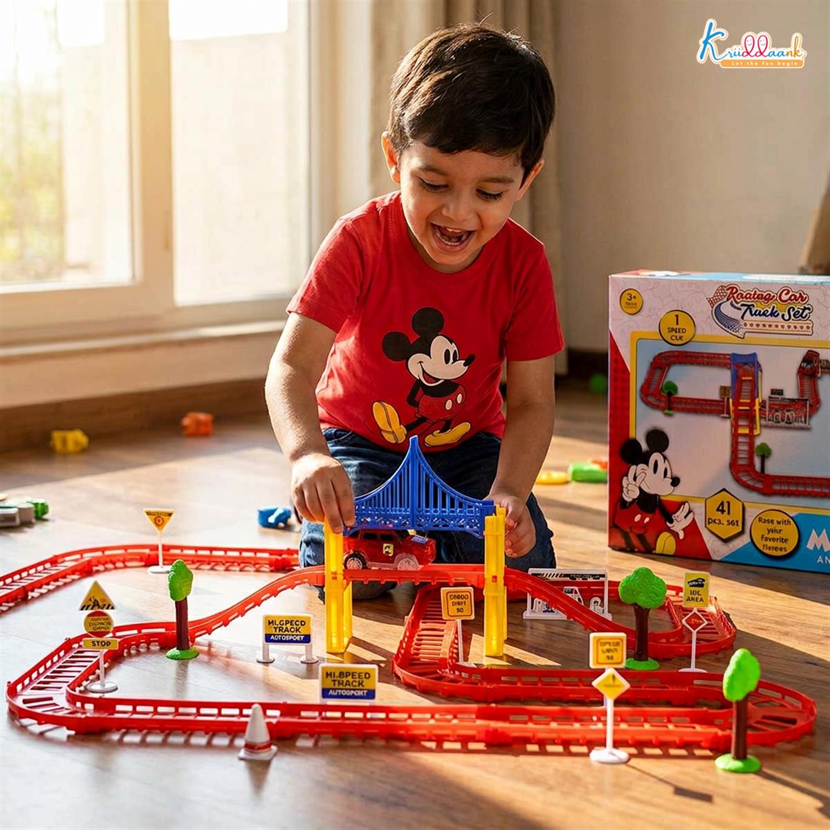 Disney Mickey Mini Track Small (41 Pcs) Racing Set - Battery Operated Car Track with Bridges, Roads & Signs - Educational Play Toy for Kids 3+ Years - Red/Multicolor Playset