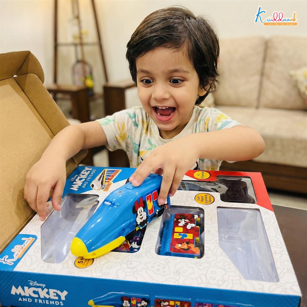 Kriiddaank Mickey Theme Remote Control Train Toy for Kids - Rechargeable EMU Express Train with LED Lights & Sounds, 4-Channel RC Railway Model, Disney Gift for Boys & Girls (Blue)