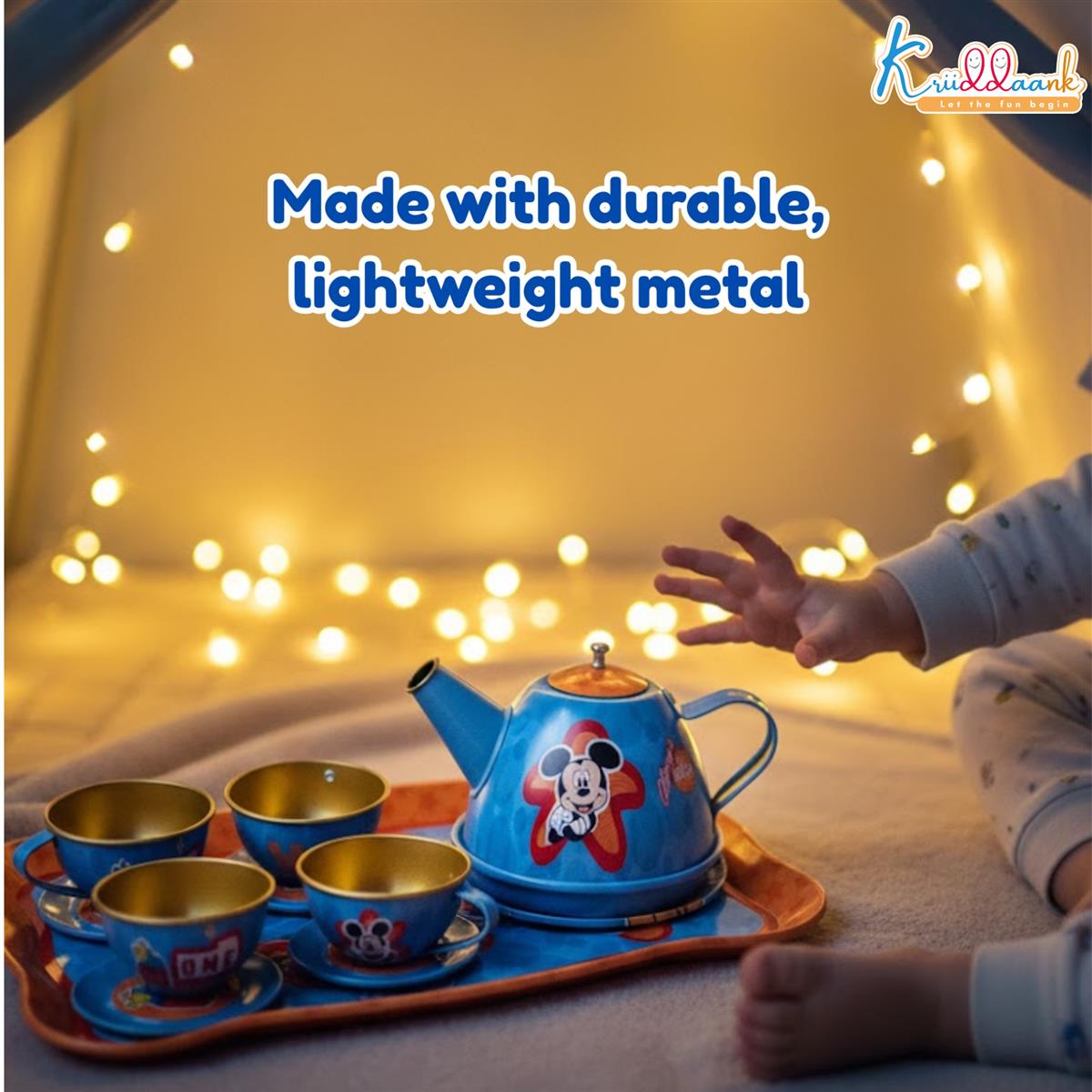 Disney Mickey 14-Piece Childrenâ€™s Tin Tea Set - Junior Pretend & Play Kitchen Toy for Kids 3+ Years Old - Includes Cups, Saucers, Tray & Coasters - Durable Metal Play Set for Boys & Girls