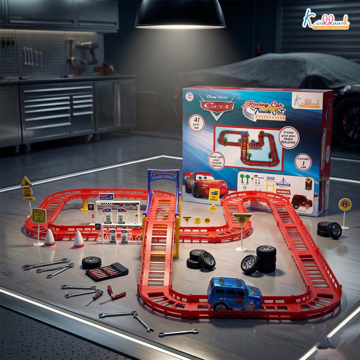 Disney Theme Cars Mini Track Set - 41 Piece Portable DIY Race Track Toy with Diecast Metal Toy Car, Realistic Miniature Collectible Racing Playset for Kids 3+ Years Old