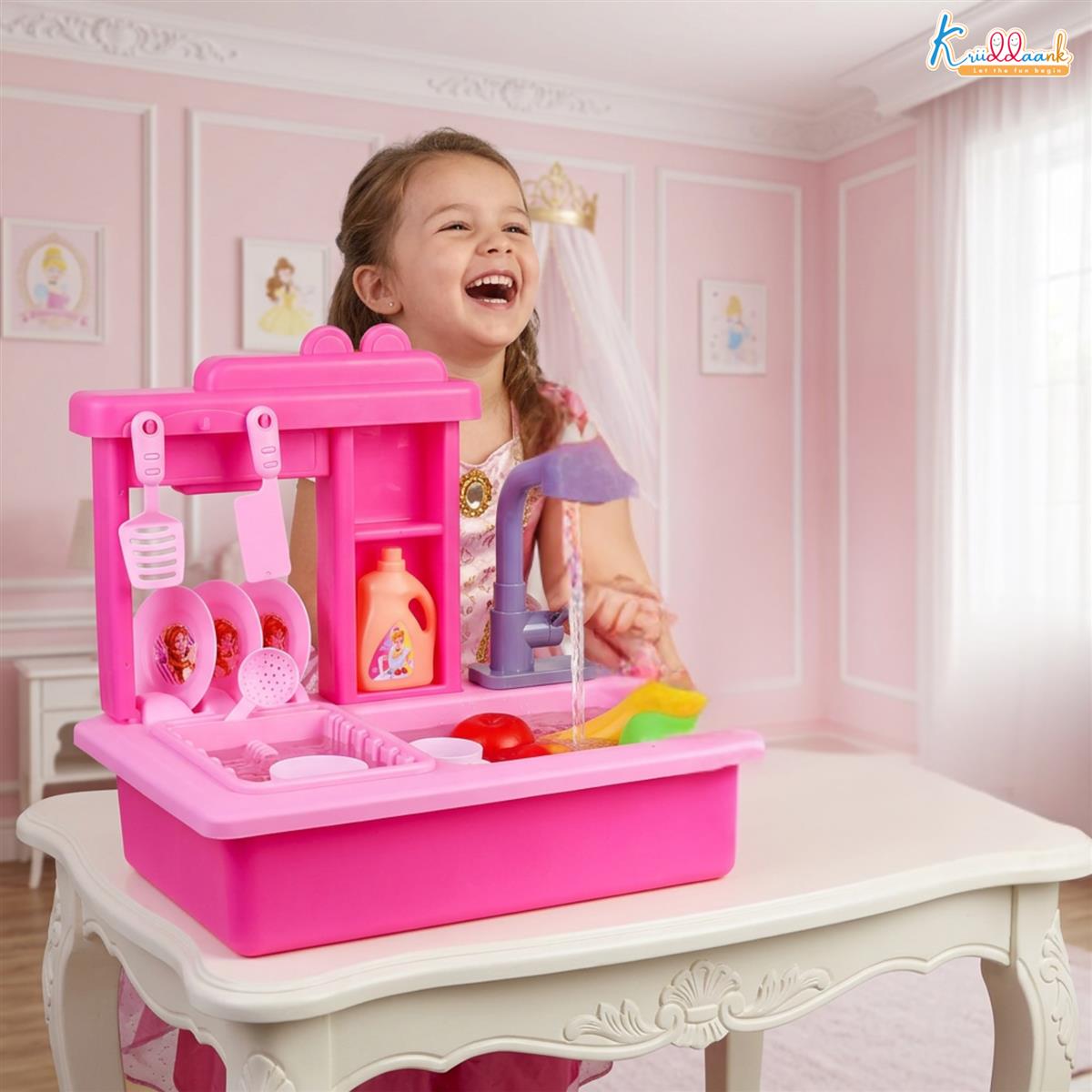 Kriiddaank Disney Princess Kitchen Toy Set for Girls with Running Water Sink, Electronic Kettle with Light & Sounds, 22-Piece Pretend Play Cooking & Baking Playset, Educational Toy for Kids 3+