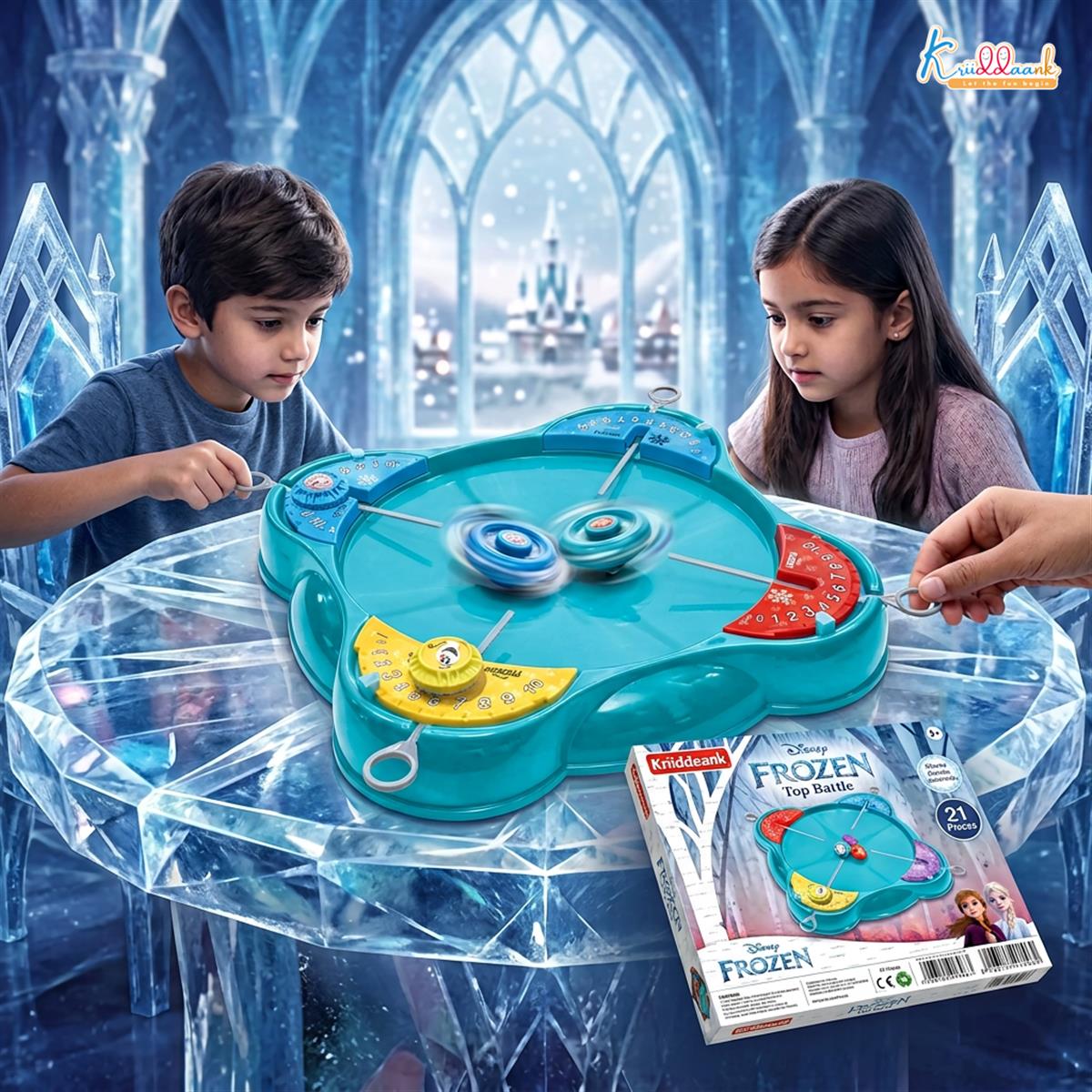 Kriiddaank Frozen Top Battle Beyblade Set for Kids - 4 Player Spinning Top Arena with Rip Cords & Color Tops - Safe, Interactive & Educational Indoor Game, Best Gift for Boys & Girls 5+ Years
