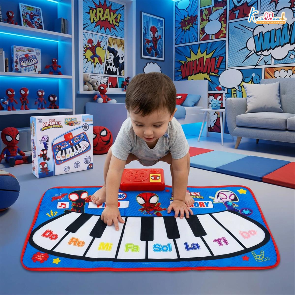 Spiderman Piano Music Play Mat for Kids - Interactive Touch Sensitive Floor Keyboard with 8 Piano Keys & 3 Function Modes, Portable Roll-Up Educational Toy for Toddlers & Children 3+ Years Old