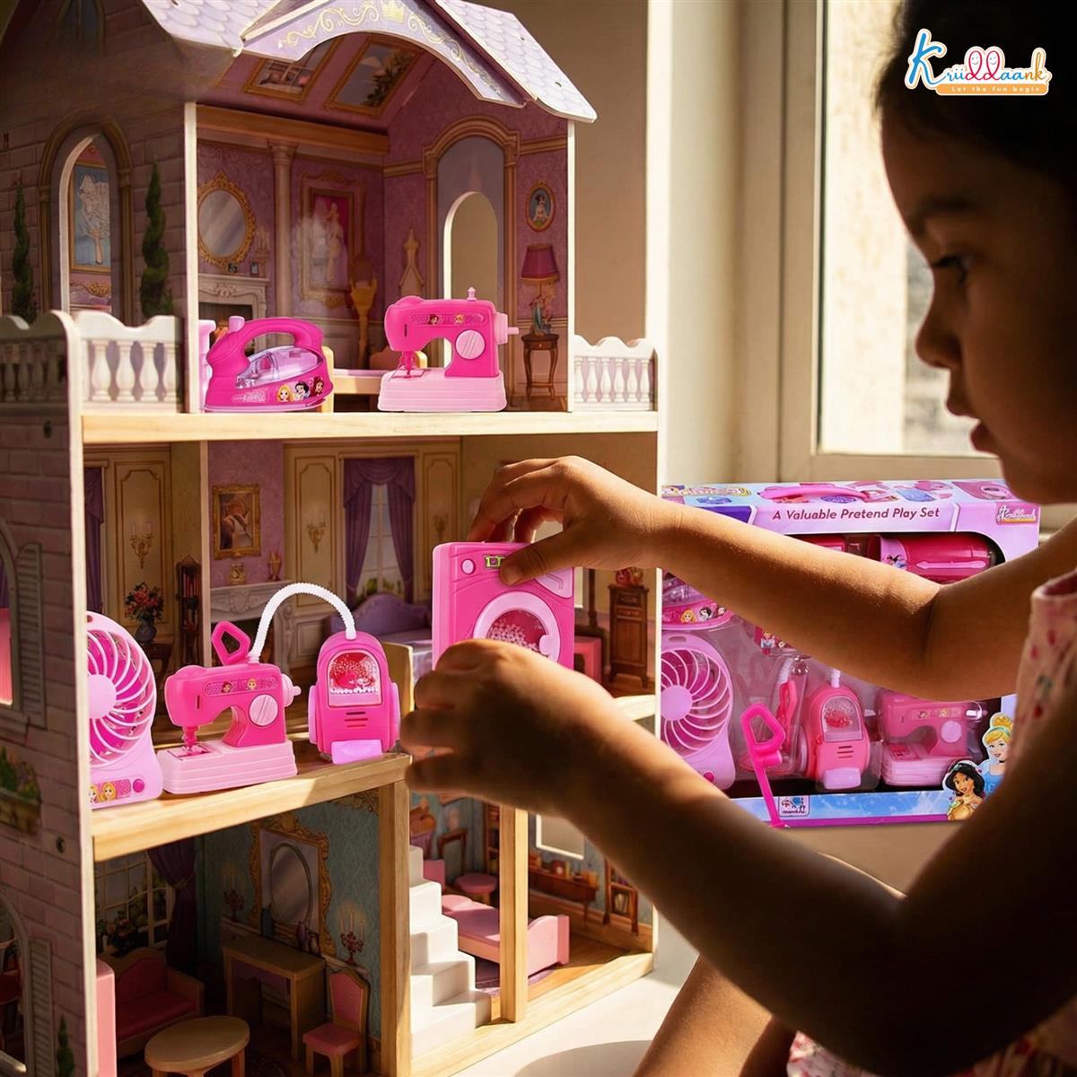 Disney Princess 6-Piece Household Role Play Toy Set - Interactive Washing Machine, Vacuum, Sewing Machine & Accessories with Lights - Educational Pretend Play Kit for Kids Ages 3+