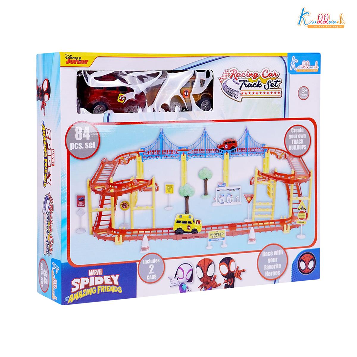 Spiderman Marvel Collectible Race Track Set for Kids - 86 Pieces DIY Racing Track with 2 Diecast Metal Toy Cars, Battery Operated Action Playset, Superhero Gifts for Boys Age 3+
