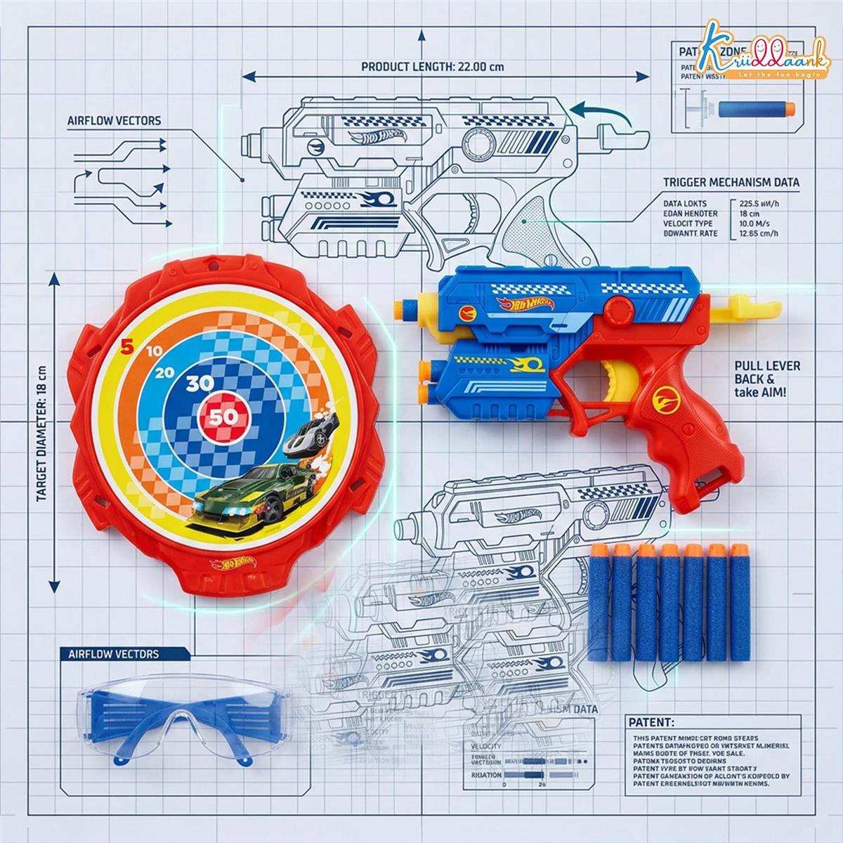 Hot Wheels Blaster Gun Toy for Kids - Soft Bullet Foam Blaster with 10 Darts, Target Board & Safety Glasses - Action Shooting Game Toy for Boys & Girls Age 4+ (Blue)