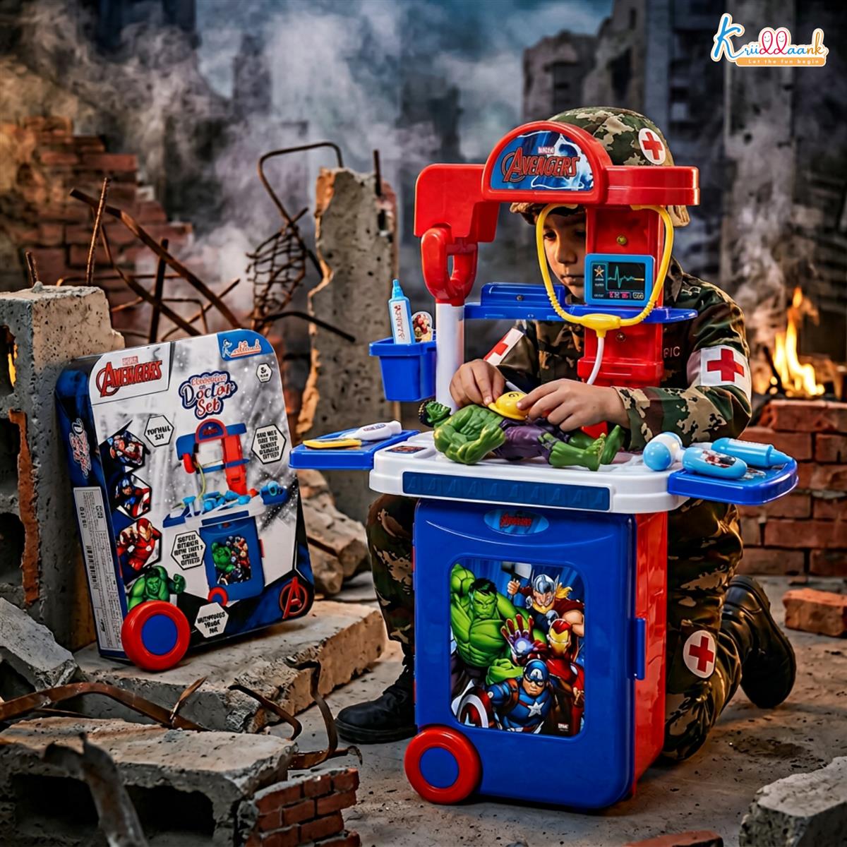 Kriiddaank Marvel Avengers Doctor Set, Portable Medical Trolley for Kids with Stethoscope & Light Effects, 9-Piece Heroic Educational Toy Play Set for Kids Aged 3+, Safe & Engaging Role Play Kit