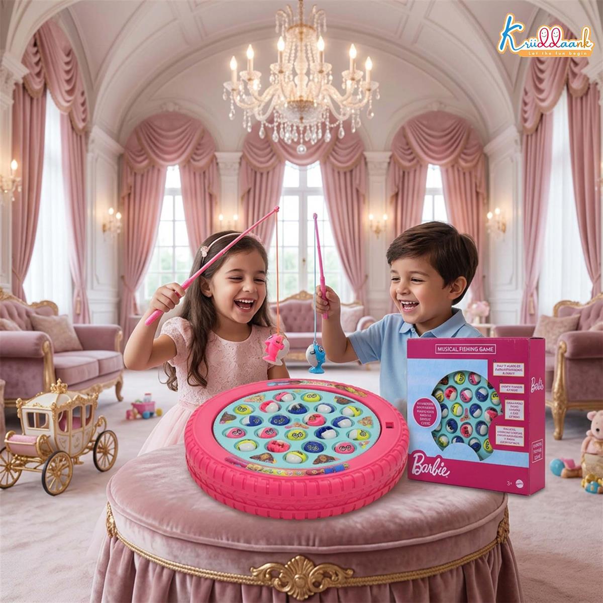 Barbie Musical Fishing Game - Rotating Underwater Adventure Toy for Kids 3+ - Includes 21 Fishes & 4 Fishing Poles - Battery Powered Interactive Pink Game for Girls, Motor Skill Development
