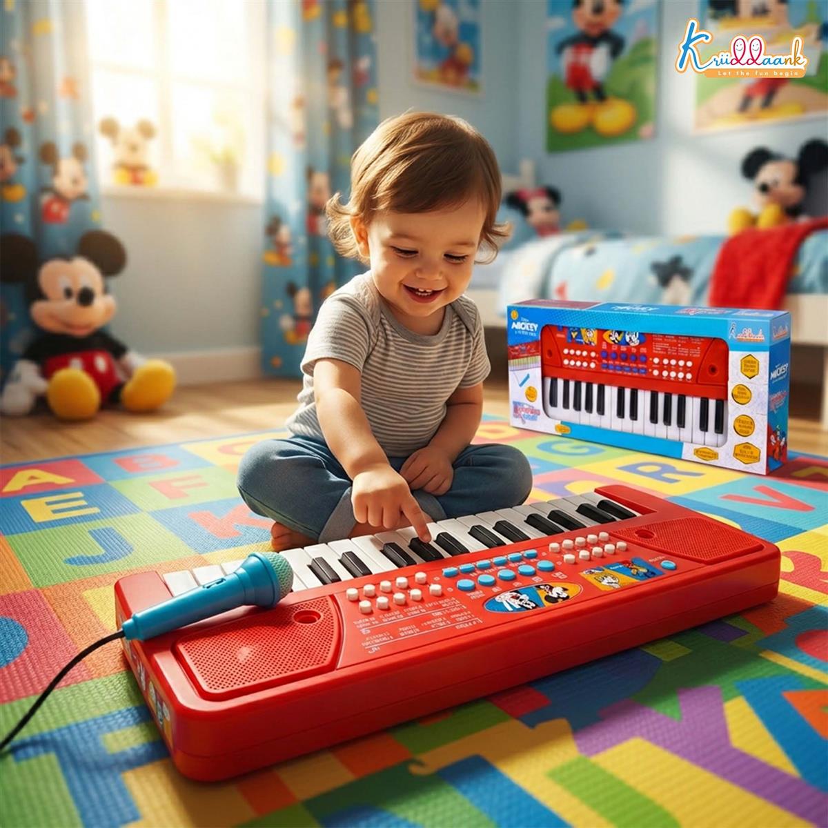 Mickey 37-Key Keyboard Piano for Kids with Microphone | 8 Rhythms & 8 Instrument Sounds, USB & Battery Powered | Musical Educational Toy for Boys & Girls Age 3+ - Red