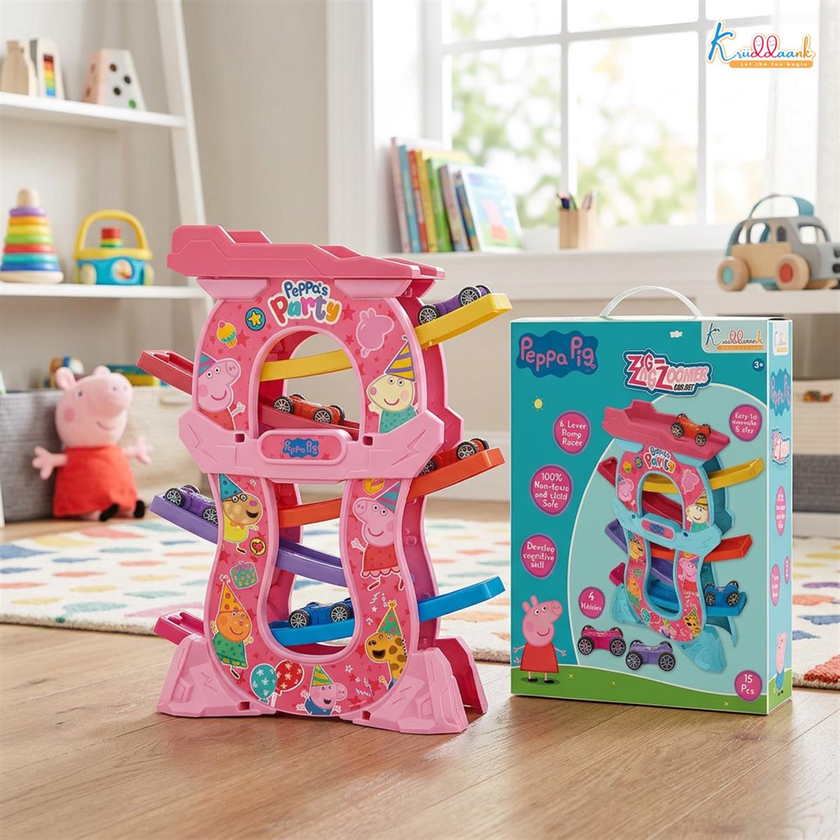 Peppa Zig Zag Zoomer Ramp Racer Car Track for Toddlers | 6-Level Racing Set with 4 Mini Vehicles | 15 Pieces Easy Assembly | Non-Toxic Educational Toy for Kids 3+ Years