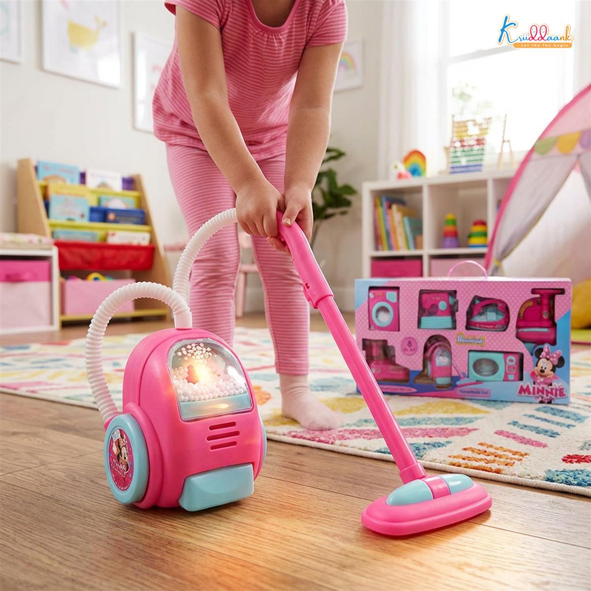 Minnie Mini Household Set (6pcs) - Battery Operated Hair Dryer, Vacuum Cleaner, Washing Machine, Iron, Sewing Machine & Fan - Educational Pretend Play Toy for Girls, Safe & Interactive Pink Toy Set