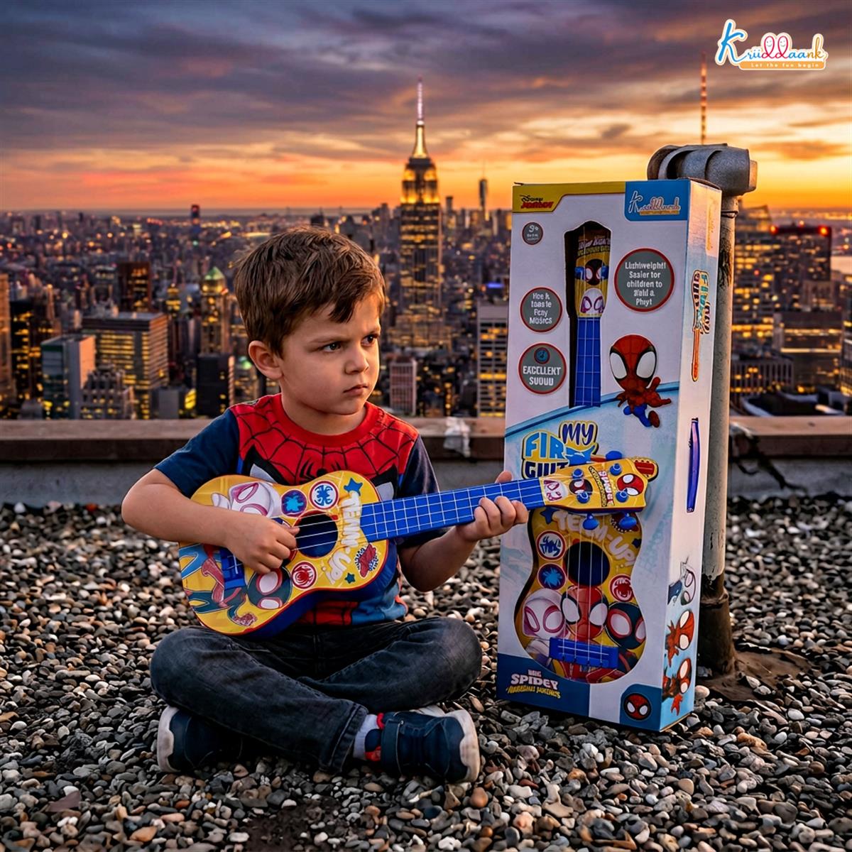 Spiderman Big Toy Guitar for Kids - 4 Adjustable Strings, Fingerstyle Tab & Pick - Portable Educational Musical Instrument Toy for Boys 3+ Years - Perfect Birthday Gift, Blue