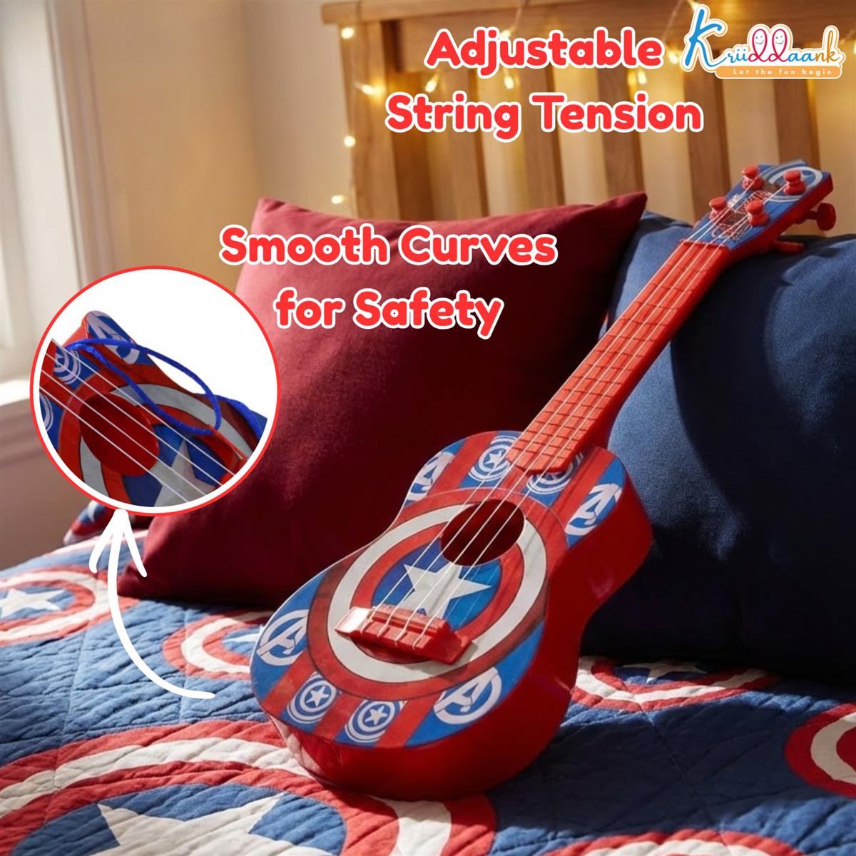 Marvel Avenger Theme 4-String Guitar for Kids - Small Electric & Classical Style Toy Instrument for Beginners - Fun Educational Musical Toy for Boys & Girls Age 3+ - Red