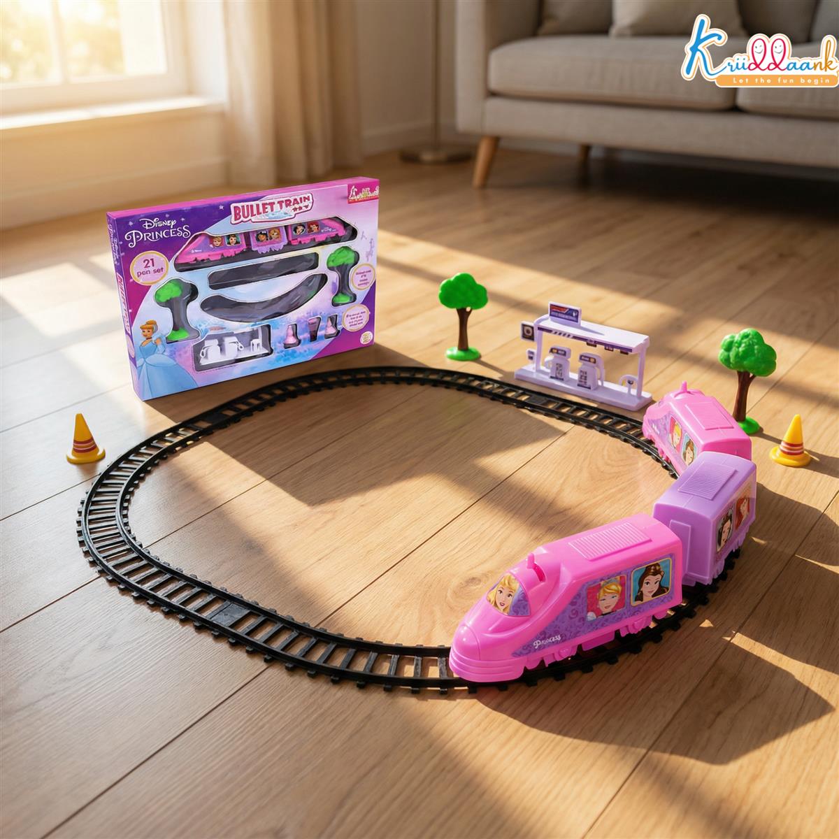 Kriiddaank Princess Train Set for Girls - 21 Pcs Battery Operated Bullet Train with Sound Effects, Easy-to-Assemble Tracks, Educational Motor Skills Toy for Kids 3+ Years, Pink