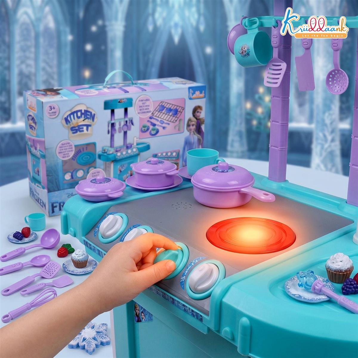 Kriiddaank Frozen Theme Kitchen Set for Kids - Interactive Cooking Playset with Oven, Sink, Lights & Sound - 18 Pcs Chef Accessories, Turkish Blue, Pretend Play Toy for Boys & Girls 3+ Years