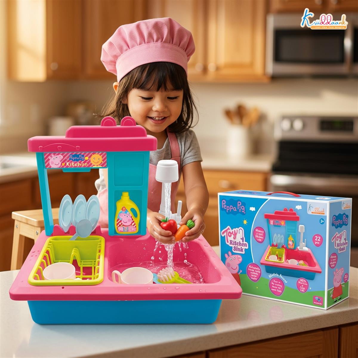 Hasbro Peppa Pig Kitchen Toy Set for Girls with Electric Running Water Sink, Electronic Kettle with Lights & Sounds, 22 Pcs Pretend Play Cooking & Baking Playset, Ideal Gift for Kids Ages 3+