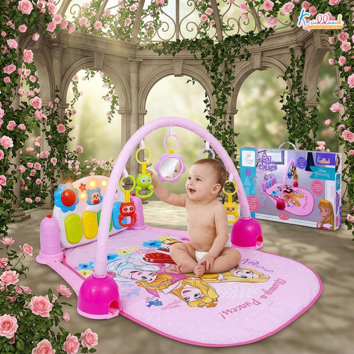Disney Princess Theme Musical Baby Gym with Piano Keyboard, Lights & Hanging Rattles - Activity Play Mat for Infants & Toddlers (0-3 Years) - Pink