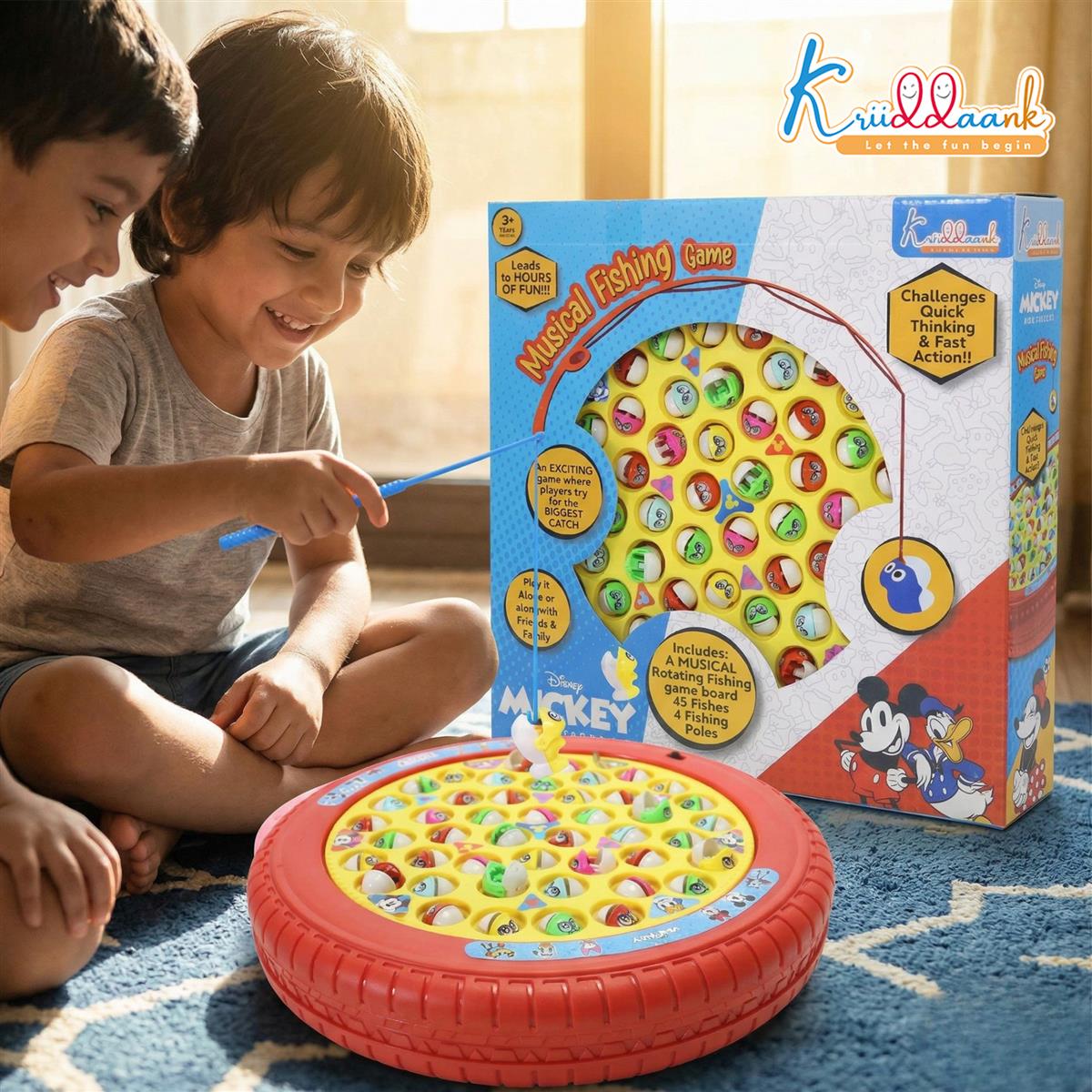 Mickey Mouse Musical Fishing Game for Kids - Electronic Rotating Board with 45 Fishes & 4 Poles, Battery Operated Interactive Ocean Theme Toy, Educational Gift for Boys & Girls 3+ Years Old