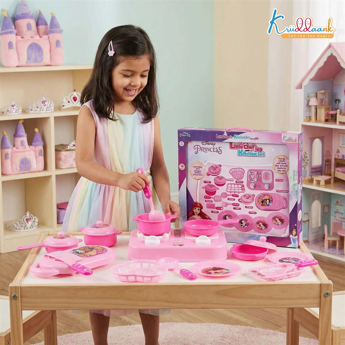 Kriiddaank Princess Little Chef Kitchen Set for Kids - 16 Pcs Pretend Play Cooking & Baking Playset with Light & Sound, Battery Operated Toy Stove, Portable Pink Kitchen for Girls & Toddlers Ages 3+