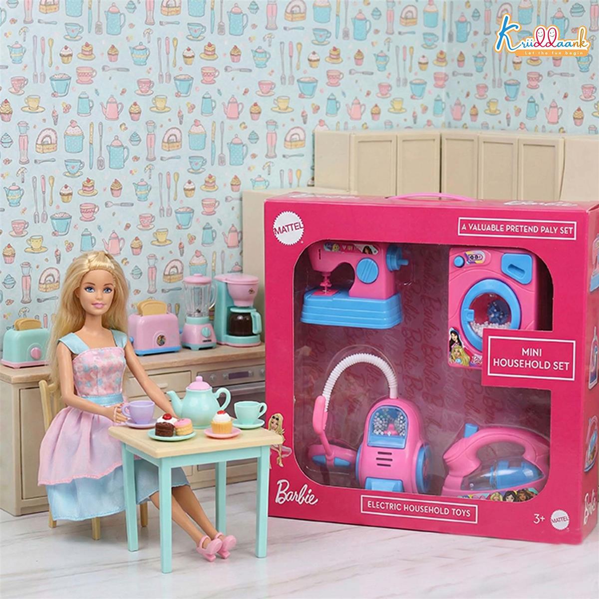 Mattel Barbie Theme Household 4pc Role Play Set - Includes Mini Washing Machine, Vacuum Cleaner, Iron & Hair Dryer - Battery Operated with Lights, Educational Toy for Kids Ages 3+ (Pink)